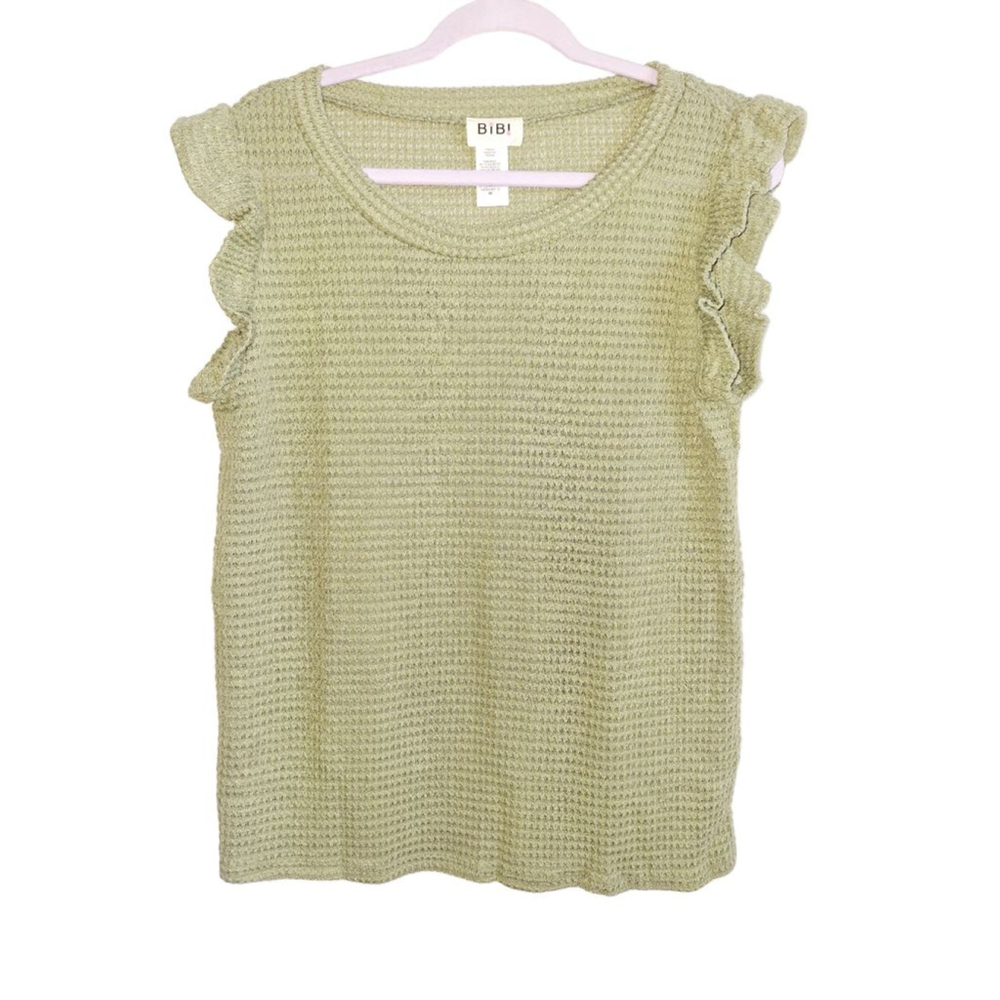 BIBI! Green Waffle Knit Ruffle Sleeve Tee M officecore Cottagecore